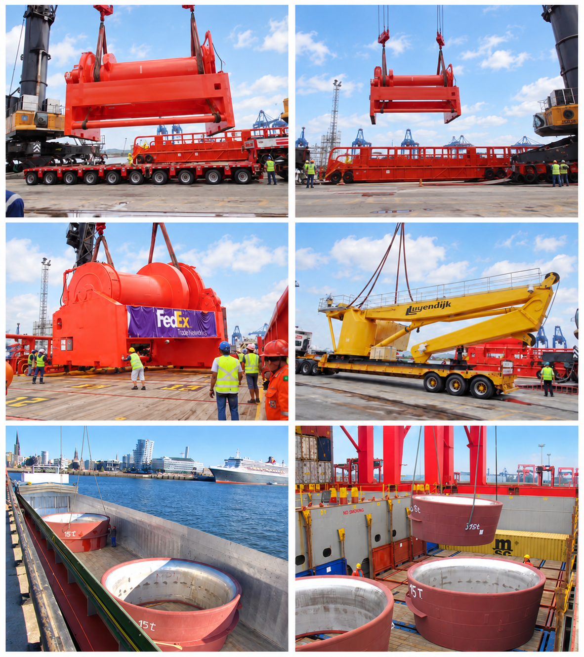 Composição de seis fotos de operações marítimas e cargas especiais da Portlink